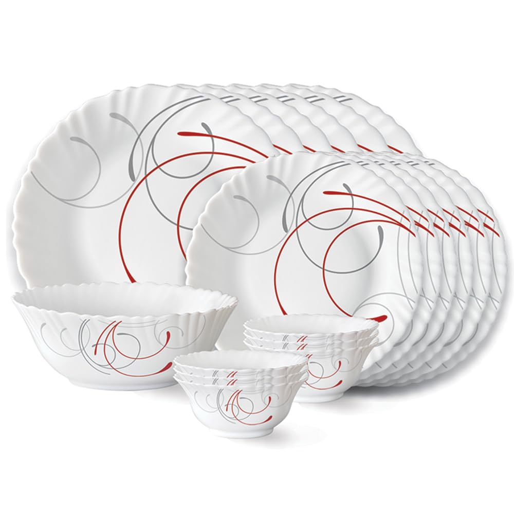 Larah by Borosil Boro Fluted Series Opalware Dinner Set | 19 Pieces for Family of 6 | Microwave & Dishwasher Safe | Bone-Ash Free | Crockery Set for Dining & Gifting | Plates & Bowls | White