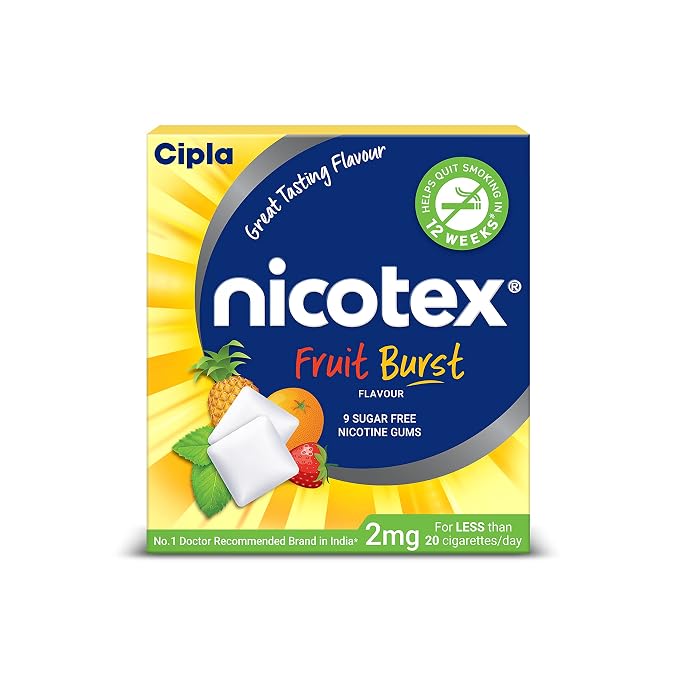 Cipla Nicotex Nicotine Sugar Free Fruit Burst Gums 2mg | Helps to Quit Smoking | WHO – Approved Therapy | 9 Gums each pack | Pack of 10