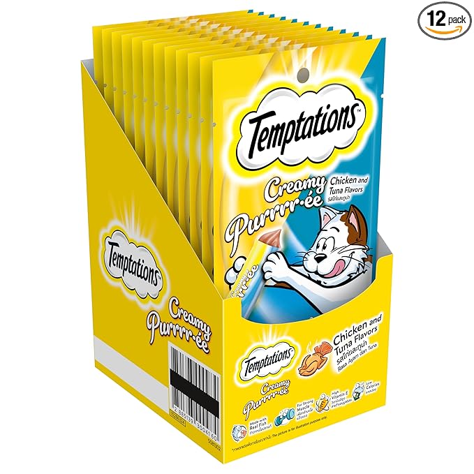 Temptations Creamy Purrrrr-ée Lickable Cat Treats, Chicken & Tuna Flavour, 48 G, (Pack of 12), Made with Real Fish, Goodness of Protein, Vitamins & Minerals, All Life Stages